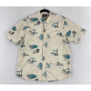 LRG Beige Animal Print Button-Up Casual Shirt Mens‎ Short Sleeve Cotton Size S